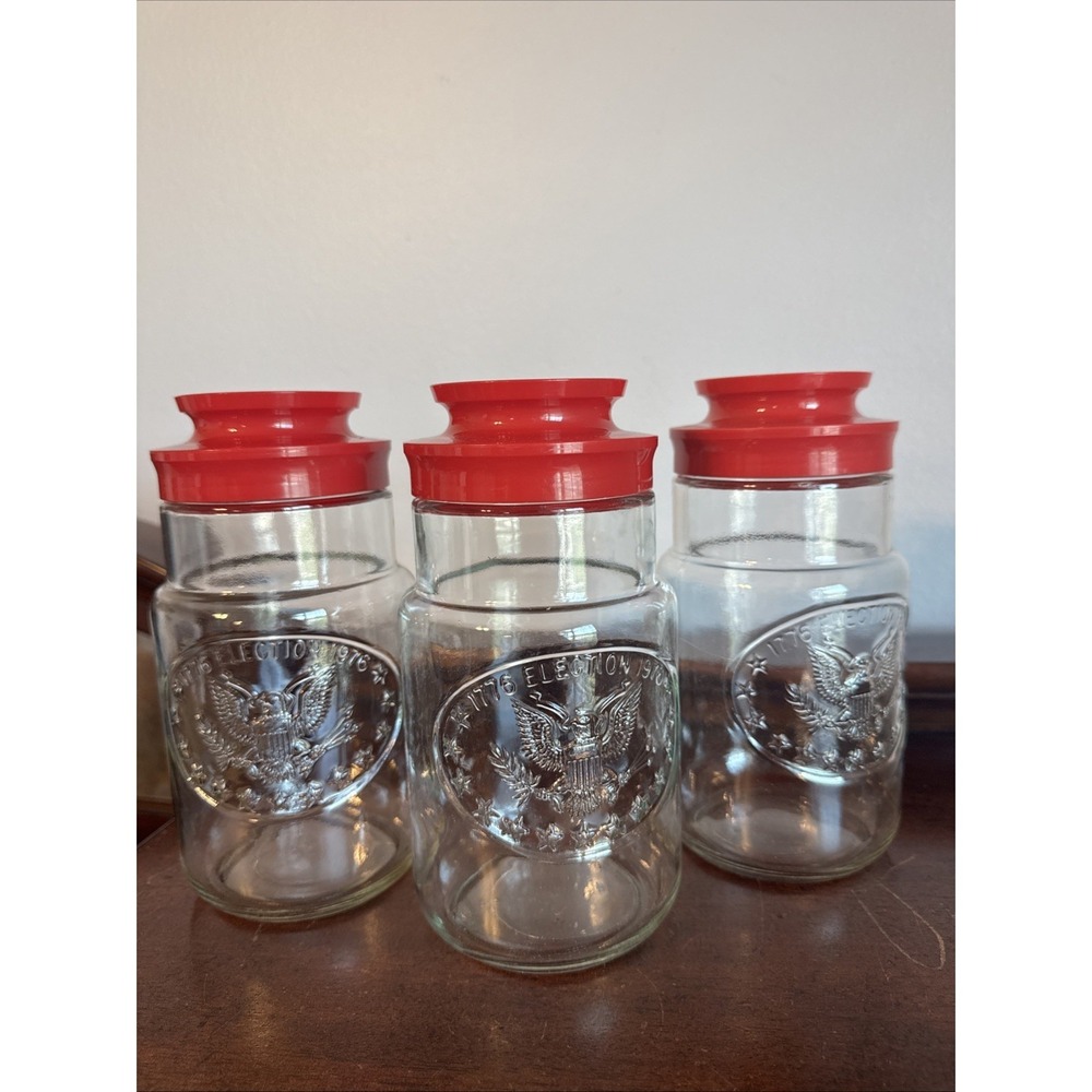 3 - 7.75" 1776 - 1976 Elections USA Bicentennial Glass Jar Canister Red Lid Flag